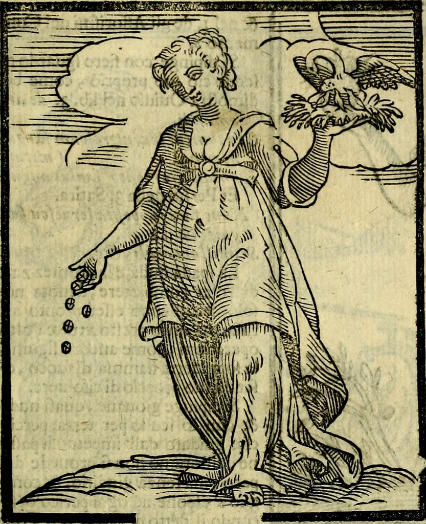 An illustration from Iconologia di Cesare Ripa ... Divisa in tre libri, ne i quali si esprimono varie imagini di virtù, vitij, affetti, passioni humane, arti, discipline, humori, elementi, corpi celesti, prouincie d'Italia, fiumi, & altre materie infinite vtili ad ogni stato di persone, 1669, leaf 158