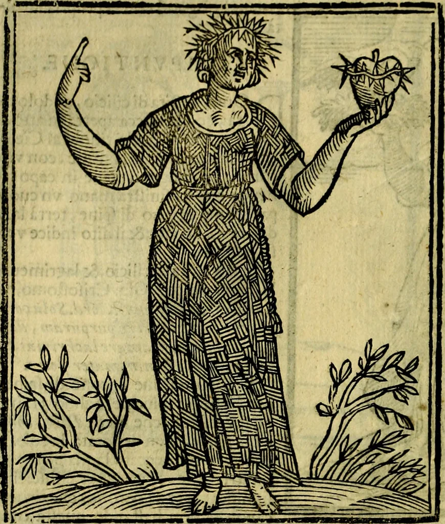 An illustration from Iconologia di Cesare Ripa ... Divisa in tre libri, ne i quali si esprimono varie imagini di virtù, vitij, affetti, passioni humane, arti, discipline, humori, elementi, corpi celesti, prouincie d'Italia, fiumi, & altre materie infinite vtili ad ogni stato di persone, 1669, leaf 159