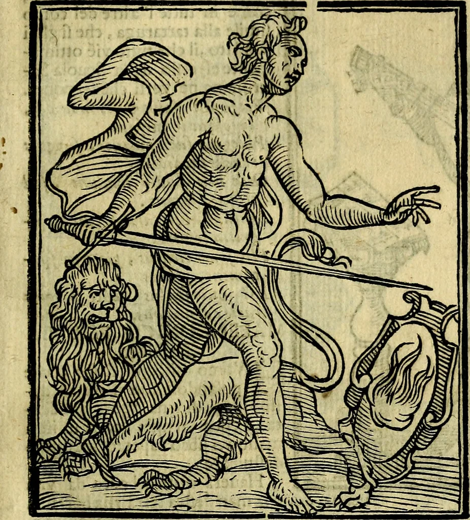 An illustration from Iconologia di Cesare Ripa ... Divisa in tre libri, ne i quali si esprimono varie imagini di virtù, vitij, affetti, passioni humane, arti, discipline, humori, elementi, corpi celesti, prouincie d'Italia, fiumi, & altre materie infinite vtili ad ogni stato di persone, 1669, leaf 160