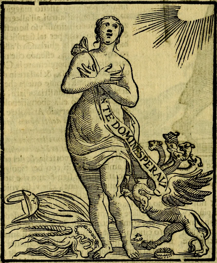 An illustration from Iconologia di Cesare Ripa ... Divisa in tre libri, ne i quali si esprimono varie imagini di virtù, vitij, affetti, passioni humane, arti, discipline, humori, elementi, corpi celesti, prouincie d'Italia, fiumi, & altre materie infinite vtili ad ogni stato di persone, 1669, leaf 181
