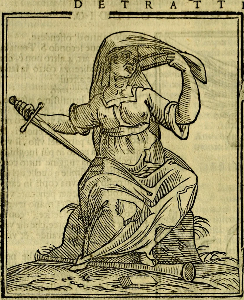 An illustration from Iconologia di Cesare Ripa ... Divisa in tre libri, ne i quali si esprimono varie imagini di virtù, vitij, affetti, passioni humane, arti, discipline, humori, elementi, corpi celesti, prouincie d'Italia, fiumi, & altre materie infinite vtili ad ogni stato di persone, 1669, leaf 209