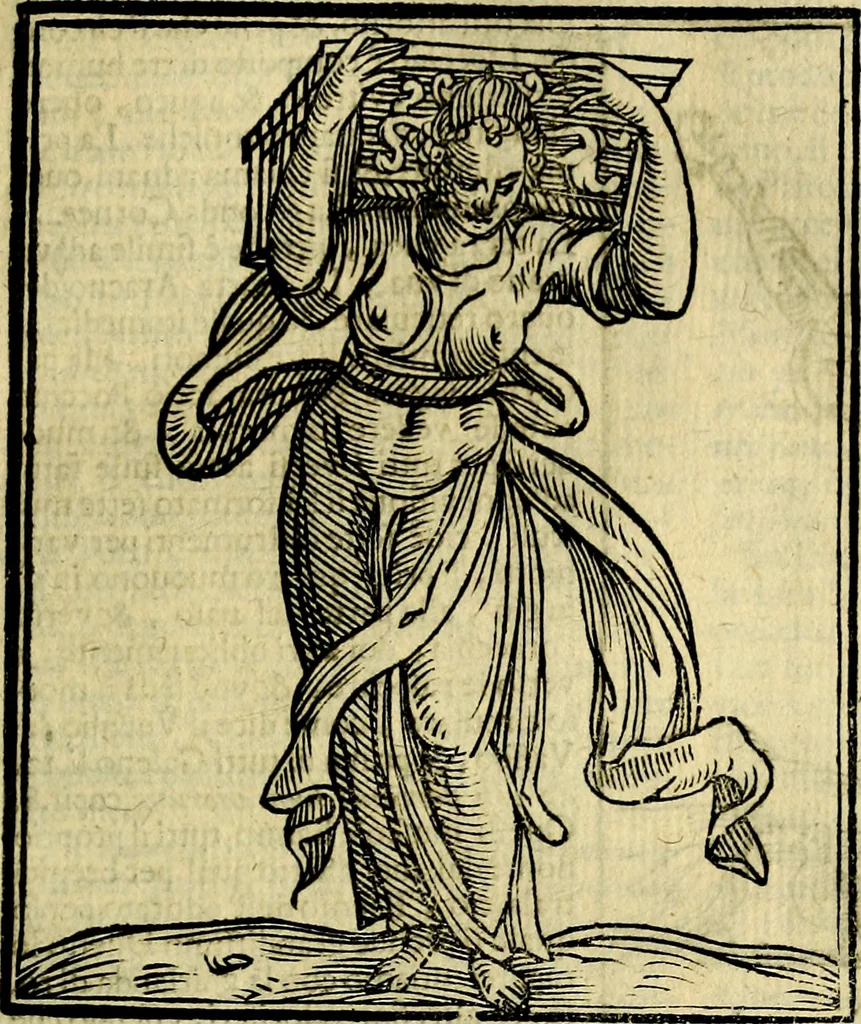 An illustration from Iconologia di Cesare Ripa ... Divisa in tre libri, ne i quali si esprimono varie imagini di virtù, vitij, affetti, passioni humane, arti, discipline, humori, elementi, corpi celesti, prouincie d'Italia, fiumi, & altre materie infinite vtili ad ogni stato di persone, 1669, leaf 214