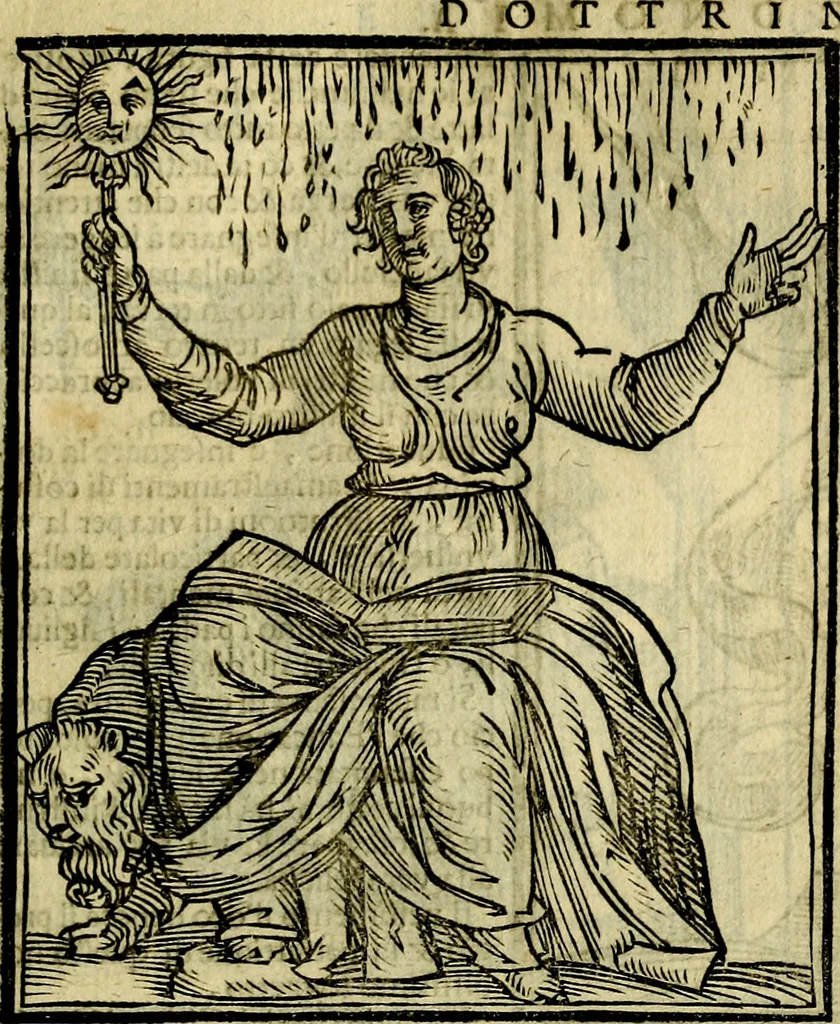 An illustration from Iconologia di Cesare Ripa ... Divisa in tre libri, ne i quali si esprimono varie imagini di virtù, vitij, affetti, passioni humane, arti, discipline, humori, elementi, corpi celesti, prouincie d'Italia, fiumi, & altre materie infinite vtili ad ogni stato di persone, 1669, leaf 230