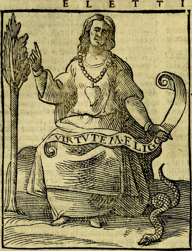 An illustration from Iconologia di Cesare Ripa ... Divisa in tre libri, ne i quali si esprimono varie imagini di virtù, vitij, affetti, passioni humane, arti, discipline, humori, elementi, corpi celesti, prouincie d'Italia, fiumi, & altre materie infinite vtili ad ogni stato di persone, 1669, leaf 237