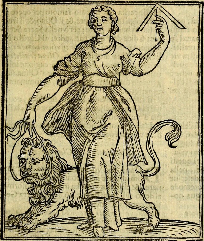 An illustration from Iconologia di Cesare Ripa ... Divisa in tre libri, ne i quali si esprimono varie imagini di virtù, vitij, affetti, passioni humane, arti, discipline, humori, elementi, corpi celesti, prouincie d'Italia, fiumi, & altre materie infinite vtili ad ogni stato di persone, 1669, leaf 254