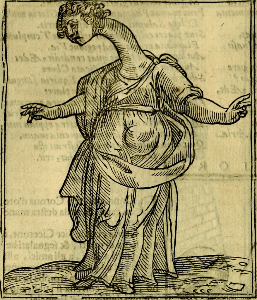 An illustration from Iconologia di Cesare Ripa ... Divisa in tre libri, ne i quali si esprimono varie imagini di virtù, vitij, affetti, passioni humane, arti, discipline, humori, elementi, corpi celesti, prouincie d'Italia, fiumi, & altre materie infinite vtili ad ogni stato di persone, 1669, leaf 313