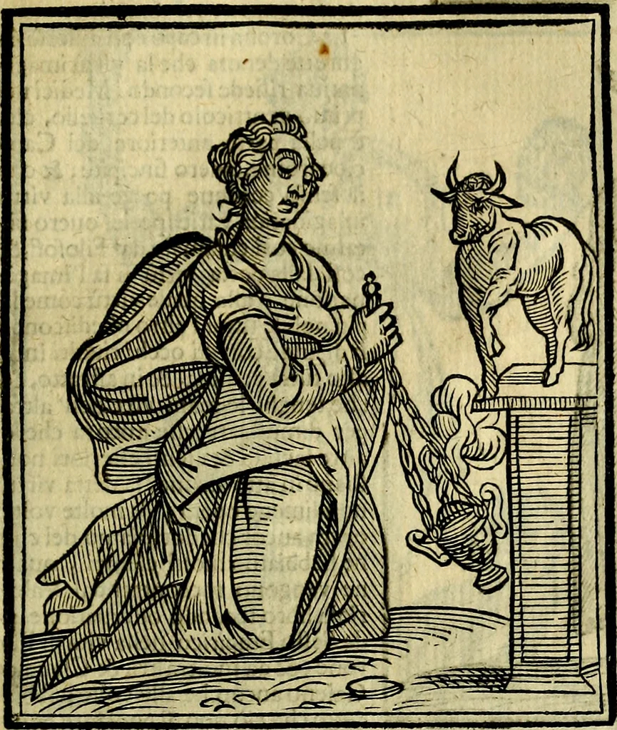 An illustration from Iconologia di Cesare Ripa ... Divisa in tre libri, ne i quali si esprimono varie imagini di virtù, vitij, affetti, passioni humane, arti, discipline, humori, elementi, corpi celesti, prouincie d'Italia, fiumi, & altre materie infinite vtili ad ogni stato di persone, 1669, leaf 334