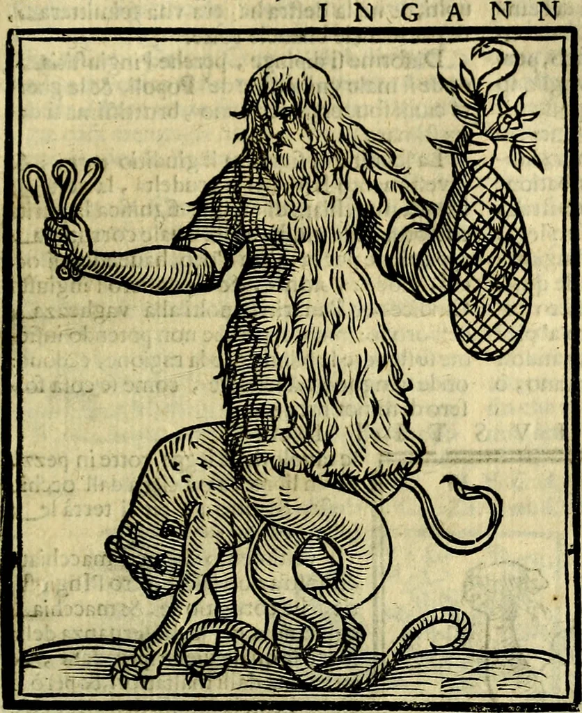 An illustration from Iconologia di Cesare Ripa ... Divisa in tre libri, ne i quali si esprimono varie imagini di virtù, vitij, affetti, passioni humane, arti, discipline, humori, elementi, corpi celesti, prouincie d'Italia, fiumi, & altre materie infinite vtili ad ogni stato di persone, 1669, leaf 344