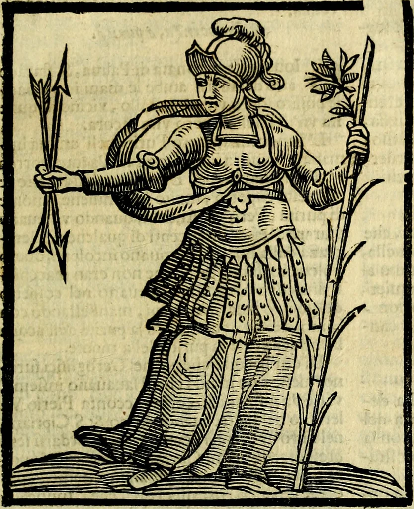 An illustration from Iconologia di Cesare Ripa ... Divisa in tre libri, ne i quali si esprimono varie imagini di virtù, vitij, affetti, passioni humane, arti, discipline, humori, elementi, corpi celesti, prouincie d'Italia, fiumi, & altre materie infinite vtili ad ogni stato di persone, 1669, leaf 348