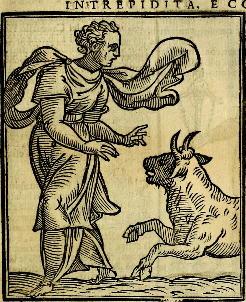 An illustration from Iconologia di Cesare Ripa ... Divisa in tre libri, ne i quali si esprimono varie imagini di virtù, vitij, affetti, passioni humane, arti, discipline, humori, elementi, corpi celesti, prouincie d'Italia, fiumi, & altre materie infinite vtili ad ogni stato di persone, 1669, leaf 354