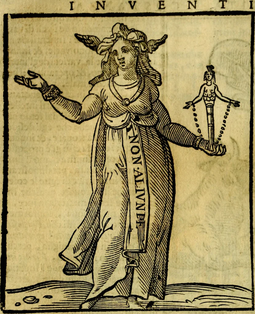 An illustration from Iconologia di Cesare Ripa ... Divisa in tre libri, ne i quali si esprimono varie imagini di virtù, vitij, affetti, passioni humane, arti, discipline, humori, elementi, corpi celesti, prouincie d'Italia, fiumi, & altre materie infinite vtili ad ogni stato di persone, 1669, leaf 355