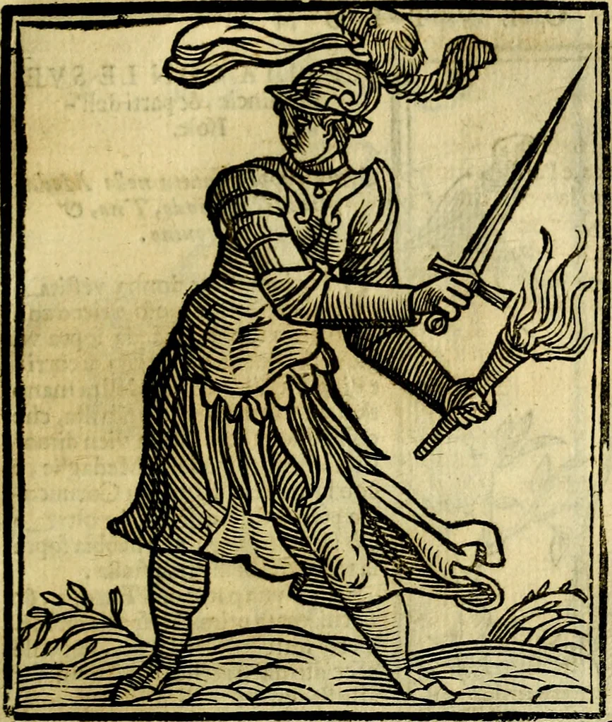 An illustration from Iconologia di Cesare Ripa ... Divisa in tre libri, ne i quali si esprimono varie imagini di virtù, vitij, affetti, passioni humane, arti, discipline, humori, elementi, corpi celesti, prouincie d'Italia, fiumi, & altre materie infinite vtili ad ogni stato di persone, 1669, leaf 364