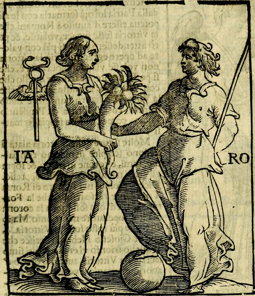 An illustration from Iconologia di Cesare Ripa ... Divisa in tre libri, ne i quali si esprimono varie imagini di virtù, vitij, affetti, passioni humane, arti, discipline, humori, elementi, corpi celesti, prouincie d'Italia, fiumi, & altre materie infinite vtili ad ogni stato di persone, 1669, leaf 370