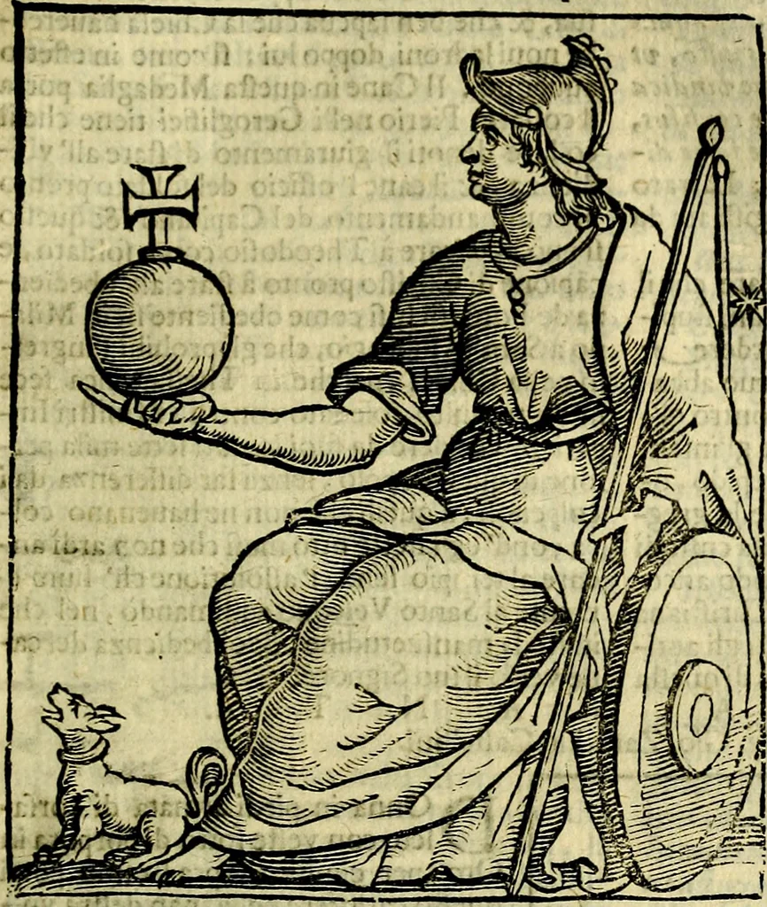 An illustration from Iconologia di Cesare Ripa ... Divisa in tre libri, ne i quali si esprimono varie imagini di virtù, vitij, affetti, passioni humane, arti, discipline, humori, elementi, corpi celesti, prouincie d'Italia, fiumi, & altre materie infinite vtili ad ogni stato di persone, 1669, leaf 380