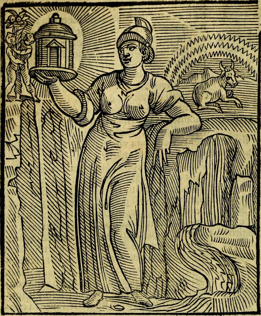 An illustration from Iconologia di Cesare Ripa ... Divisa in tre libri, ne i quali si esprimono varie imagini di virtù, vitij, affetti, passioni humane, arti, discipline, humori, elementi, corpi celesti, prouincie d'Italia, fiumi, & altre materie infinite vtili ad ogni stato di persone, 1669, leaf 387