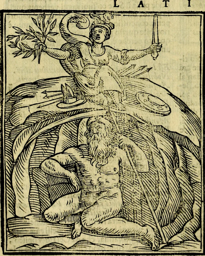 An illustration from Iconologia di Cesare Ripa ... Divisa in tre libri, ne i quali si esprimono varie imagini di virtù, vitij, affetti, passioni humane, arti, discipline, humori, elementi, corpi celesti, prouincie d'Italia, fiumi, & altre materie infinite vtili ad ogni stato di persone, 1669, leaf 389
