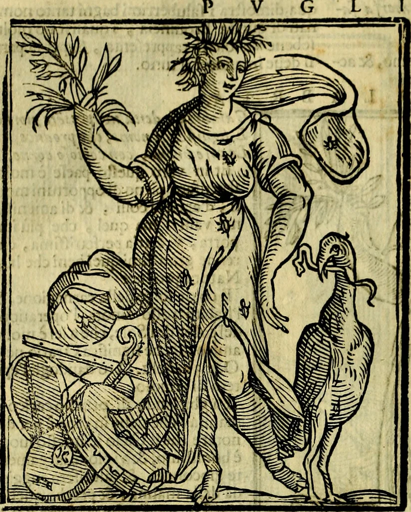 An illustration from Iconologia di Cesare Ripa ... Divisa in tre libri, ne i quali si esprimono varie imagini di virtù, vitij, affetti, passioni humane, arti, discipline, humori, elementi, corpi celesti, prouincie d'Italia, fiumi, & altre materie infinite vtili ad ogni stato di persone, 1669, leaf 393