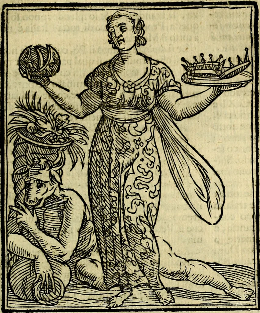 An illustration from Iconologia di Cesare Ripa ... Divisa in tre libri, ne i quali si esprimono varie imagini di virtù, vitij, affetti, passioni humane, arti, discipline, humori, elementi, corpi celesti, prouincie d'Italia, fiumi, & altre materie infinite vtili ad ogni stato di persone, 1669, leaf 398