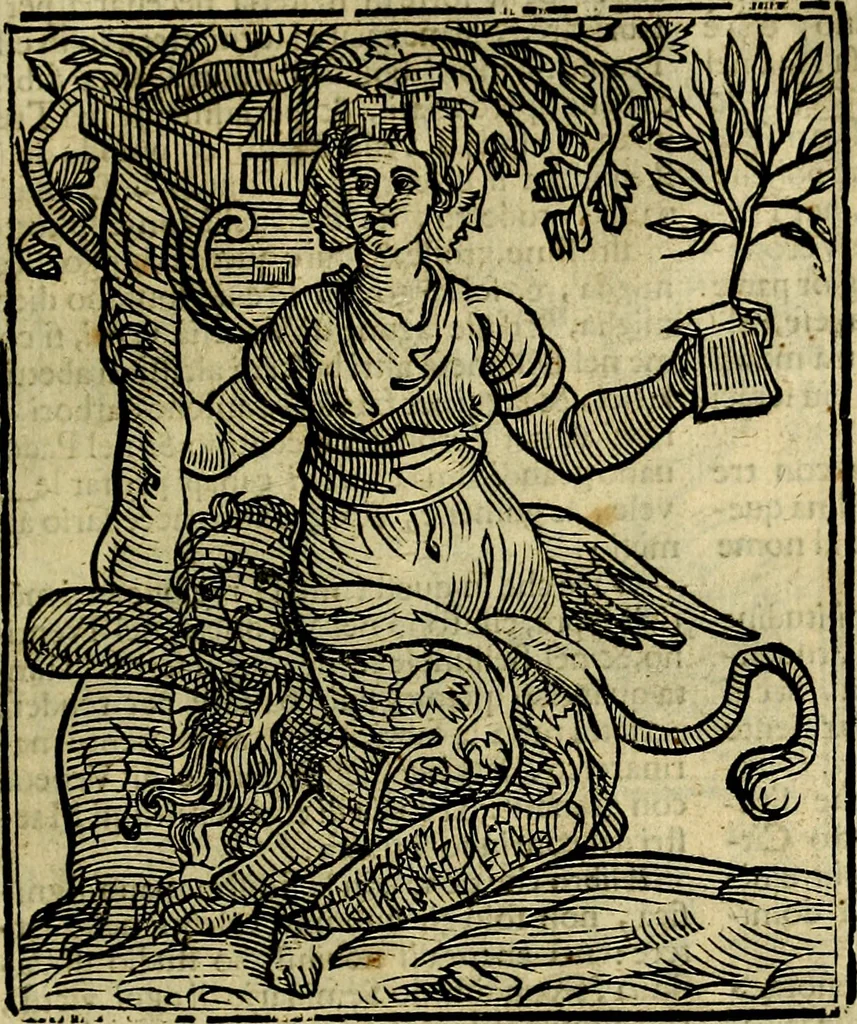 An illustration from Iconologia di Cesare Ripa ... Divisa in tre libri, ne i quali si esprimono varie imagini di virtù, vitij, affetti, passioni humane, arti, discipline, humori, elementi, corpi celesti, prouincie d'Italia, fiumi, & altre materie infinite vtili ad ogni stato di persone, 1669, leaf 400