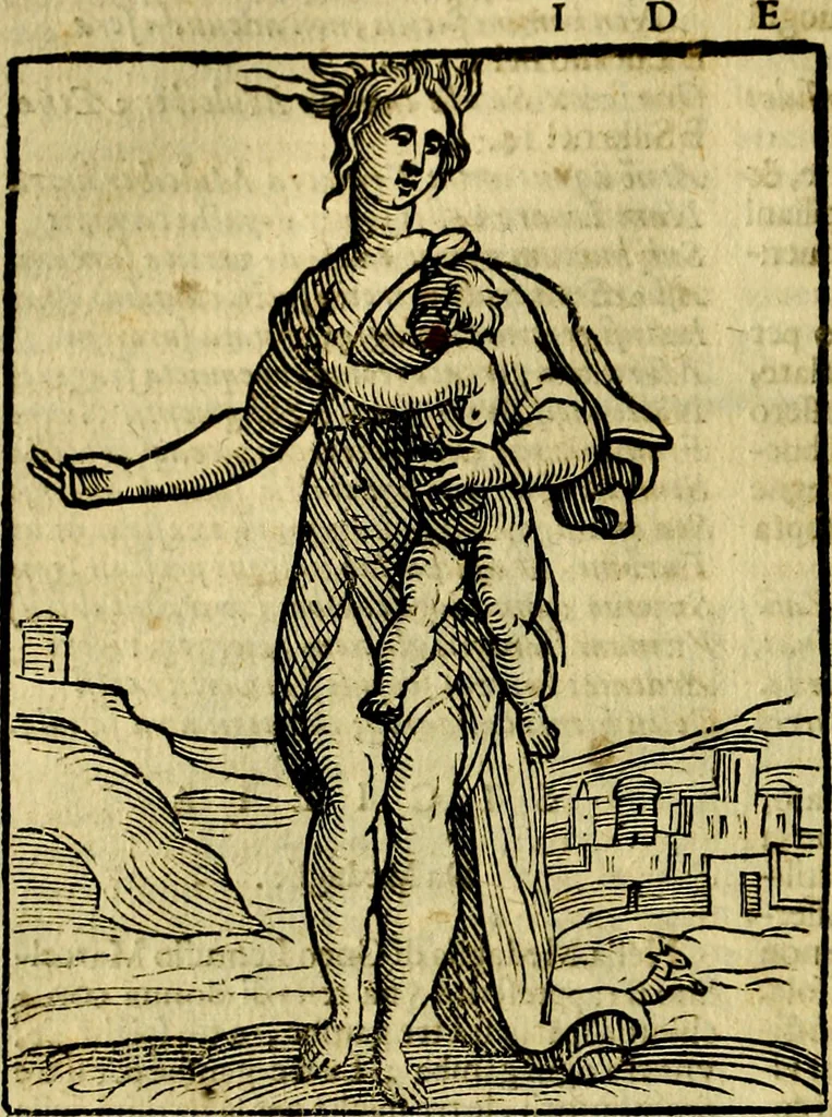 An illustration from Iconologia di Cesare Ripa ... Divisa in tre libri, ne i quali si esprimono varie imagini di virtù, vitij, affetti, passioni humane, arti, discipline, humori, elementi, corpi celesti, prouincie d'Italia, fiumi, & altre materie infinite vtili ad ogni stato di persone, 1669, leaf 425