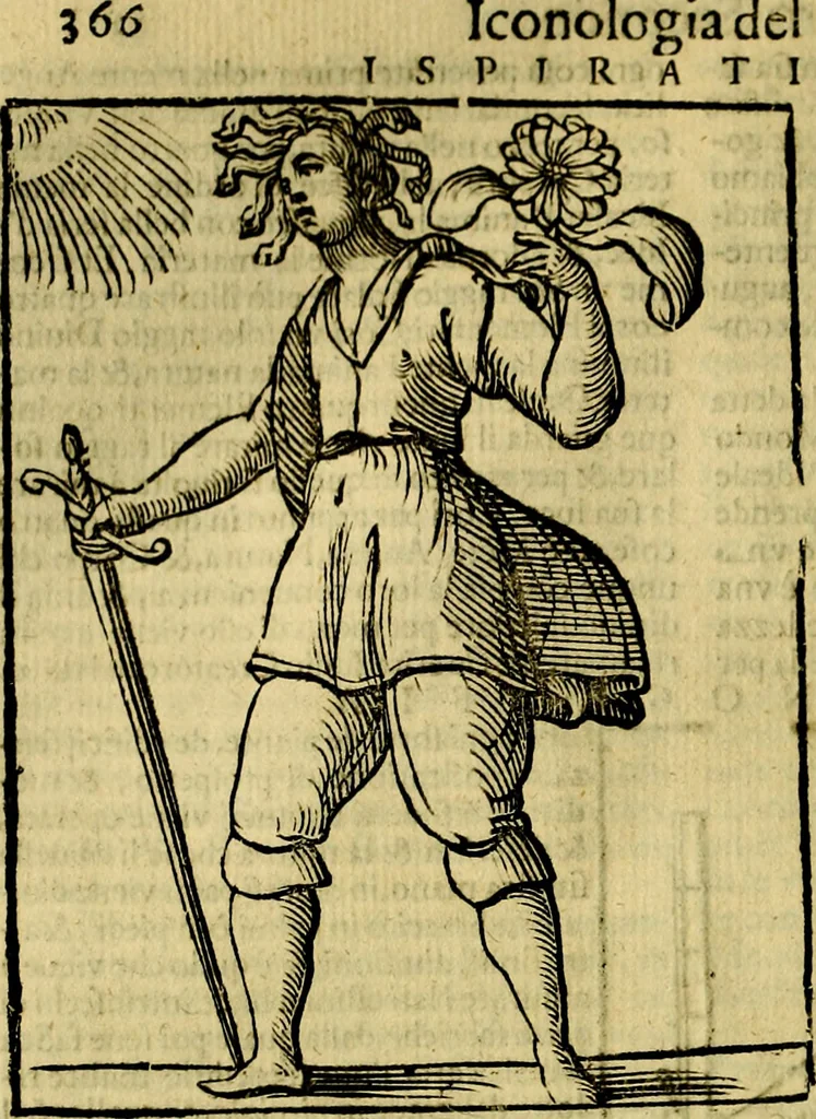 An illustration from Iconologia di Cesare Ripa ... Divisa in tre libri, ne i quali si esprimono varie imagini di virtù, vitij, affetti, passioni humane, arti, discipline, humori, elementi, corpi celesti, prouincie d'Italia, fiumi, & altre materie infinite vtili ad ogni stato di persone, 1669, leaf 429