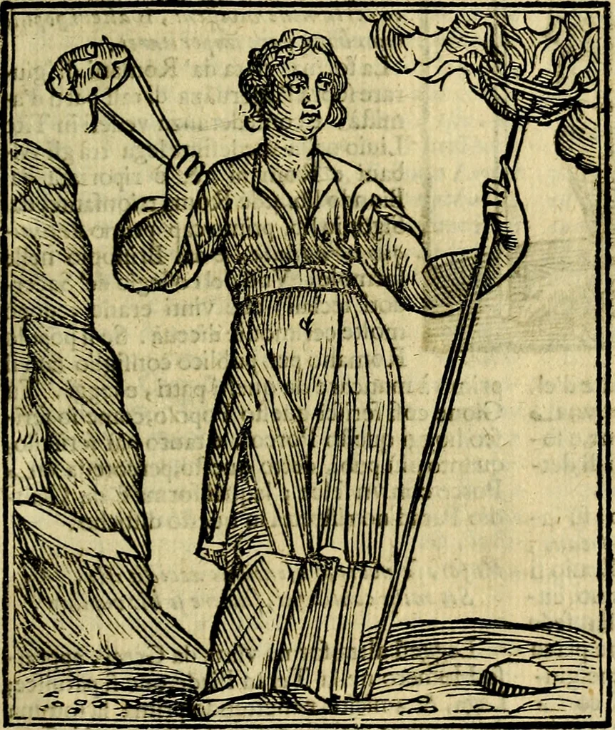An illustration from Iconologia di Cesare Ripa ... Divisa in tre libri, ne i quali si esprimono varie imagini di virtù, vitij, affetti, passioni humane, arti, discipline, humori, elementi, corpi celesti, prouincie d'Italia, fiumi, & altre materie infinite vtili ad ogni stato di persone, 1669, leaf 430