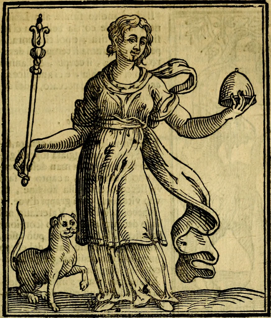 An illustration from Iconologia di Cesare Ripa ... Divisa in tre libri, ne i quali si esprimono varie imagini di virtù, vitij, affetti, passioni humane, arti, discipline, humori, elementi, corpi celesti, prouincie d'Italia, fiumi, & altre materie infinite vtili ad ogni stato di persone, 1669, leaf 438