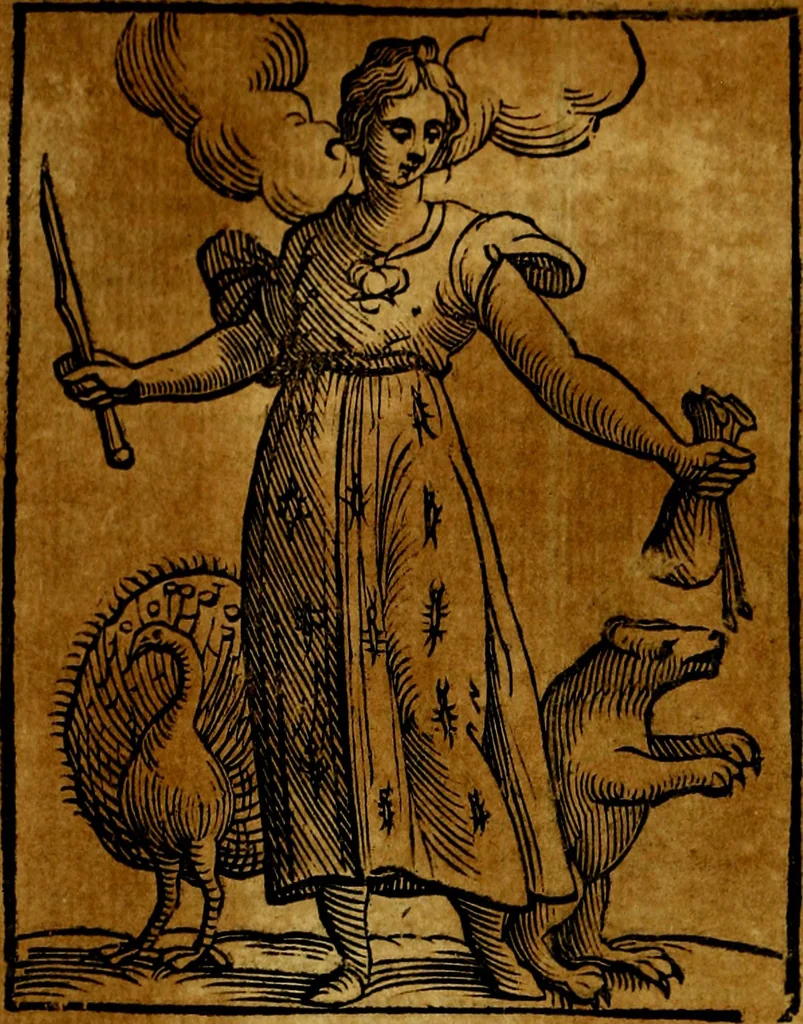 An illustration from Iconologia di Cesare Ripa ... Divisa in tre libri, ne i quali si esprimono varie imagini di virtù, vitij, affetti, passioni humane, arti, discipline, humori, elementi, corpi celesti, prouincie d'Italia, fiumi, & altre materie infinite vtili ad ogni stato di persone, 1669, leaf 449