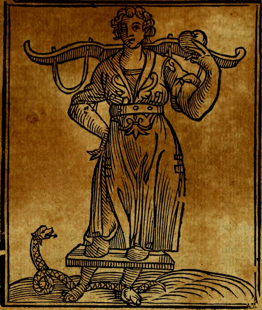 An illustration from Iconologia di Cesare Ripa ... Divisa in tre libri, ne i quali si esprimono varie imagini di virtù, vitij, affetti, passioni humane, arti, discipline, humori, elementi, corpi celesti, prouincie d'Italia, fiumi, & altre materie infinite vtili ad ogni stato di persone, 1669, leaf 451