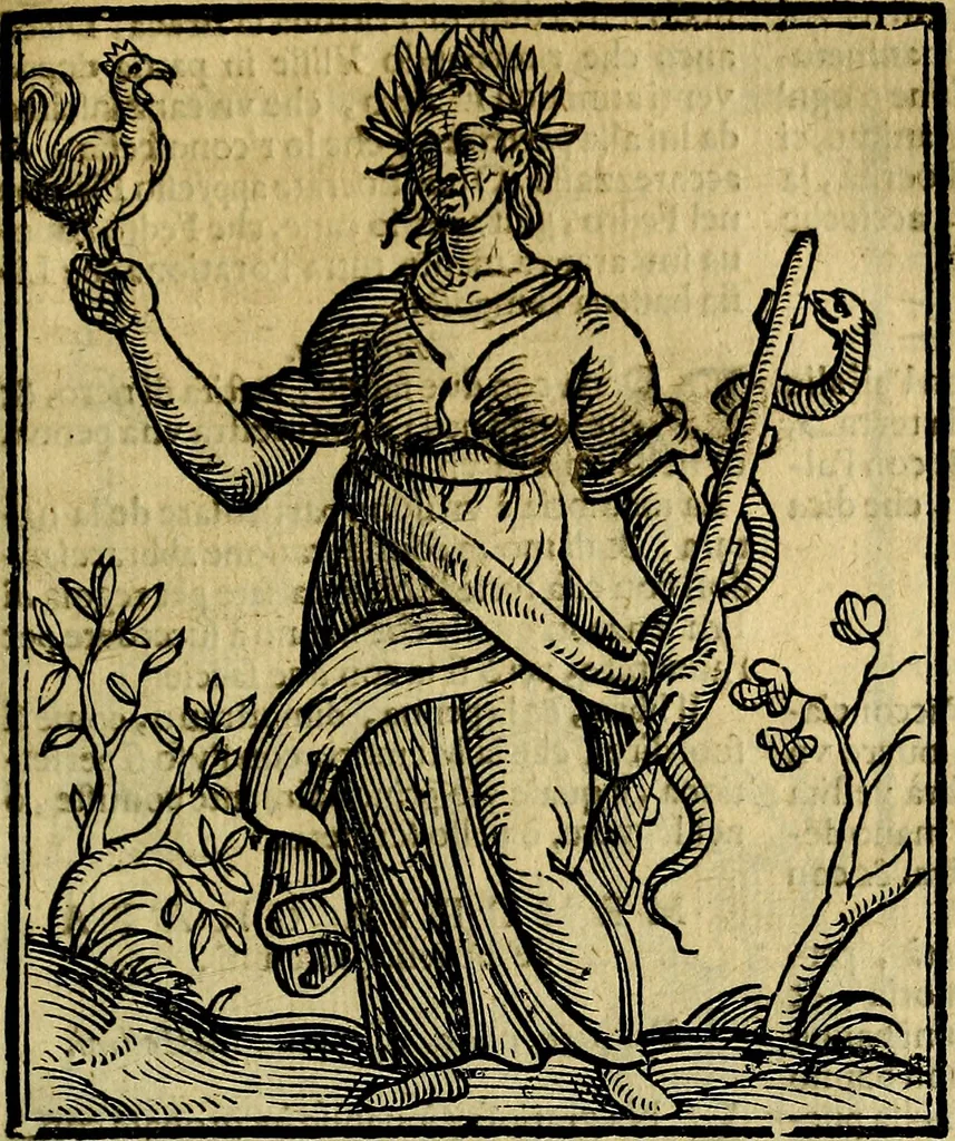 An illustration from Iconologia di Cesare Ripa ... Divisa in tre libri, ne i quali si esprimono varie imagini di virtù, vitij, affetti, passioni humane, arti, discipline, humori, elementi, corpi celesti, prouincie d'Italia, fiumi, & altre materie infinite vtili ad ogni stato di persone, 1669, leaf 454