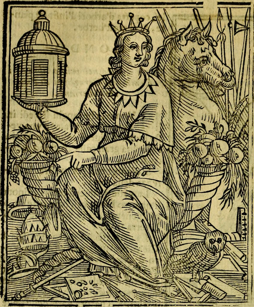 An illustration from Iconologia di Cesare Ripa ... Divisa in tre libri, ne i quali si esprimono varie imagini di virtù, vitij, affetti, passioni humane, arti, discipline, humori, elementi, corpi celesti, prouincie d'Italia, fiumi, & altre materie infinite vtili ad ogni stato di persone, 1669, leaf 481