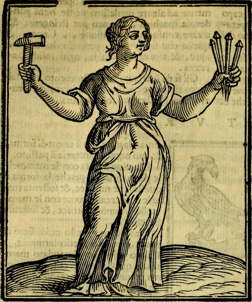 An illustration from Iconologia di Cesare Ripa ... Divisa in tre libri, ne i quali si esprimono varie imagini di virtù, vitij, affetti, passioni humane, arti, discipline, humori, elementi, corpi celesti, prouincie d'Italia, fiumi, & altre materie infinite vtili ad ogni stato di persone, 1669, leaf 495
