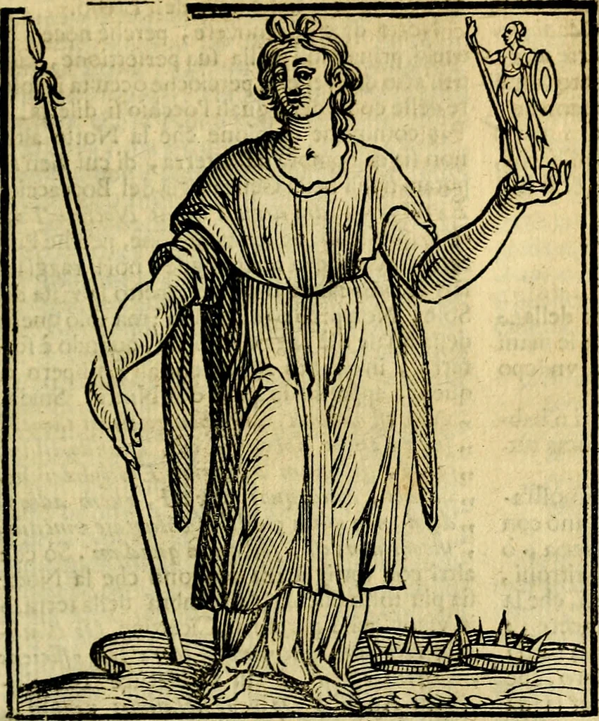 An illustration from Iconologia di Cesare Ripa ... Divisa in tre libri, ne i quali si esprimono varie imagini di virtù, vitij, affetti, passioni humane, arti, discipline, humori, elementi, corpi celesti, prouincie d'Italia, fiumi, & altre materie infinite vtili ad ogni stato di persone, 1669, leaf 500