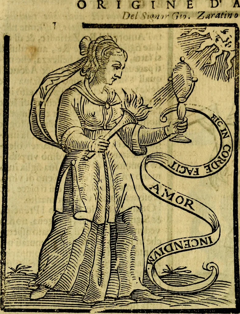 An illustration from Iconologia di Cesare Ripa ... Divisa in tre libri, ne i quali si esprimono varie imagini di virtù, vitij, affetti, passioni humane, arti, discipline, humori, elementi, corpi celesti, prouincie d'Italia, fiumi, & altre materie infinite vtili ad ogni stato di persone, 1669, leaf 521