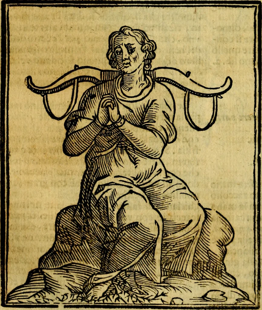 An illustration from Iconologia di Cesare Ripa ... Divisa in tre libri, ne i quali si esprimono varie imagini di virtù, vitij, affetti, passioni humane, arti, discipline, humori, elementi, corpi celesti, prouincie d'Italia, fiumi, & altre materie infinite vtili ad ogni stato di persone, 1669, leaf 537