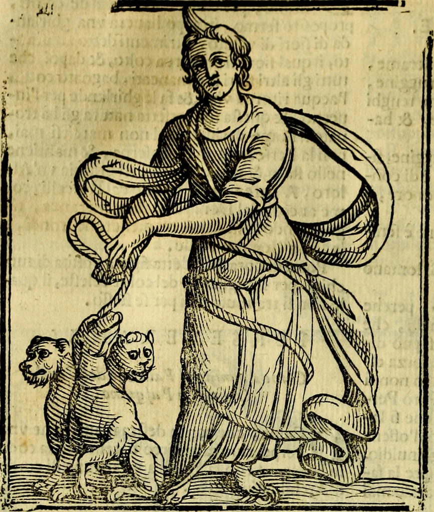 An illustration from Iconologia di Cesare Ripa ... Divisa in tre libri, ne i quali si esprimono varie imagini di virtù, vitij, affetti, passioni humane, arti, discipline, humori, elementi, corpi celesti, prouincie d'Italia, fiumi, & altre materie infinite vtili ad ogni stato di persone, 1669, leaf 547