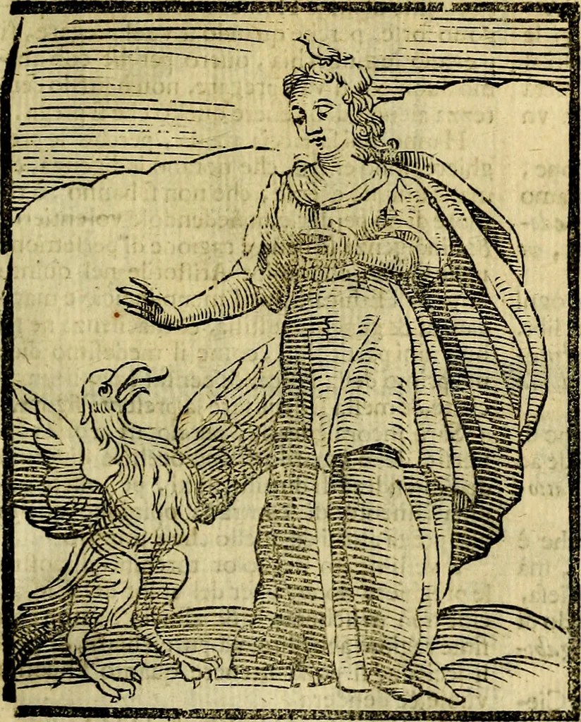 An illustration from Iconologia di Cesare Ripa ... Divisa in tre libri, ne i quali si esprimono varie imagini di virtù, vitij, affetti, passioni humane, arti, discipline, humori, elementi, corpi celesti, prouincie d'Italia, fiumi, & altre materie infinite vtili ad ogni stato di persone, 1669, leaf 560