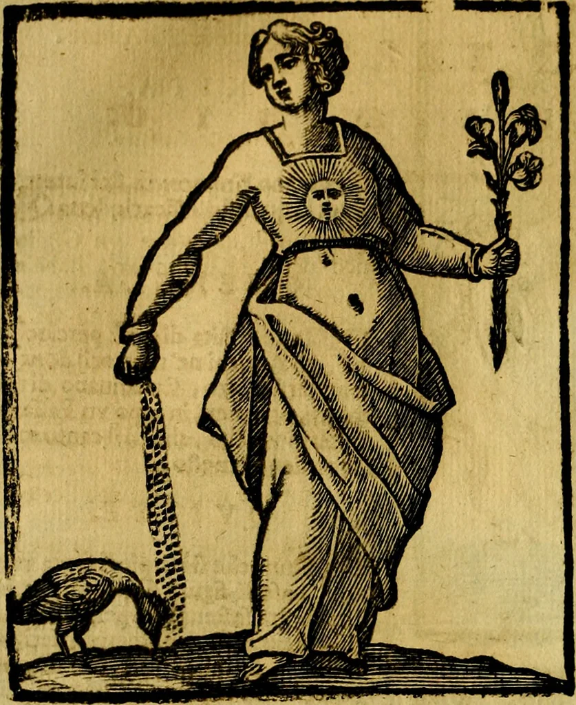An illustration from Iconologia di Cesare Ripa ... Divisa in tre libri, ne i quali si esprimono varie imagini di virtù, vitij, affetti, passioni humane, arti, discipline, humori, elementi, corpi celesti, prouincie d'Italia, fiumi, & altre materie infinite vtili ad ogni stato di persone, 1669, leaf 577