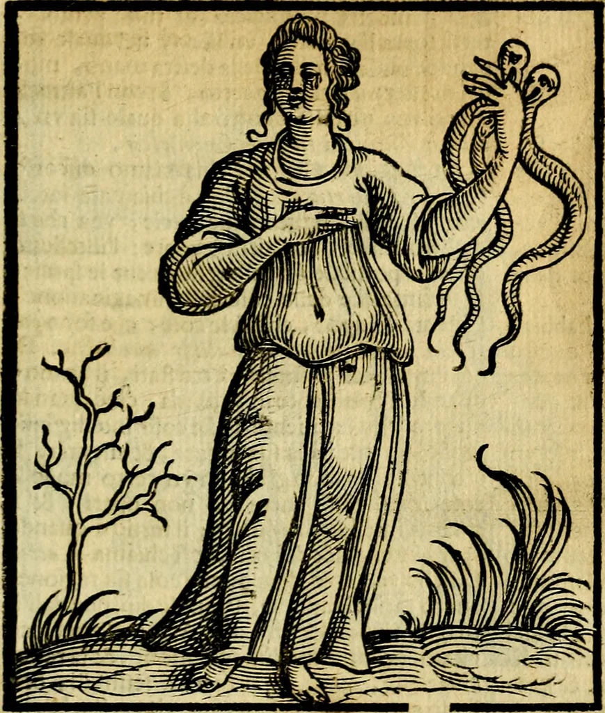 An illustration from Iconologia di Cesare Ripa ... Divisa in tre libri, ne i quali si esprimono varie imagini di virtù, vitij, affetti, passioni humane, arti, discipline, humori, elementi, corpi celesti, prouincie d'Italia, fiumi, & altre materie infinite vtili ad ogni stato di persone, 1669, leaf 578