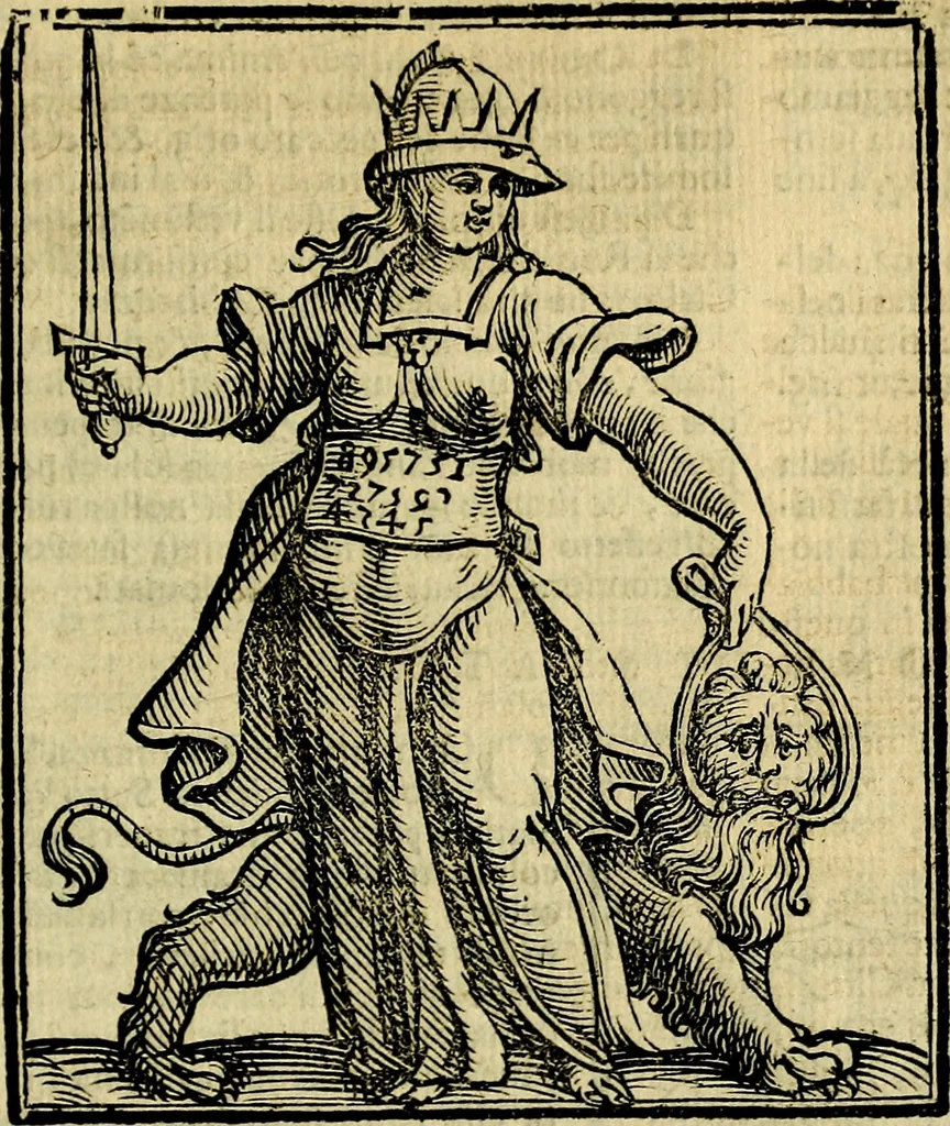 An illustration from Iconologia di Cesare Ripa ... Divisa in tre libri, ne i quali si esprimono varie imagini di virtù, vitij, affetti, passioni humane, arti, discipline, humori, elementi, corpi celesti, prouincie d'Italia, fiumi, & altre materie infinite vtili ad ogni stato di persone, 1669, leaf 580