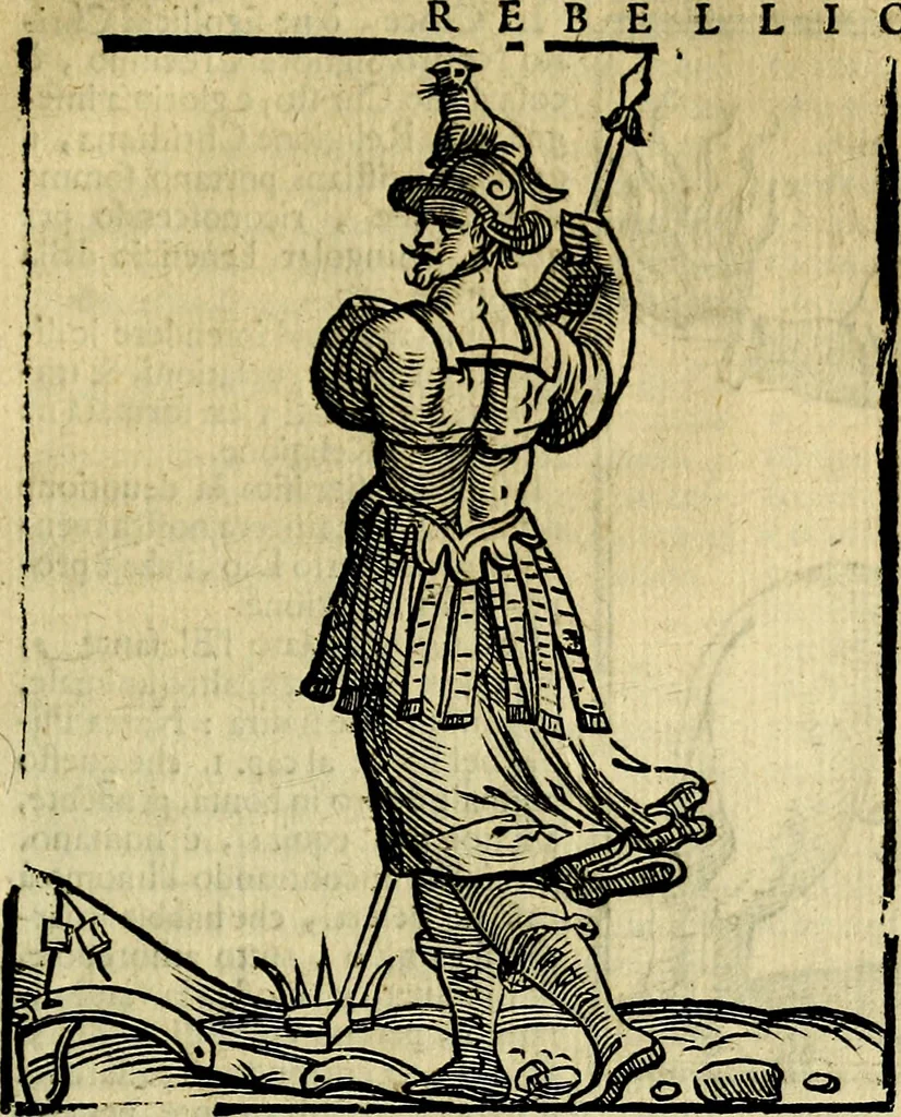 An illustration from Iconologia di Cesare Ripa ... Divisa in tre libri, ne i quali si esprimono varie imagini di virtù, vitij, affetti, passioni humane, arti, discipline, humori, elementi, corpi celesti, prouincie d'Italia, fiumi, & altre materie infinite vtili ad ogni stato di persone, 1669, leaf 584