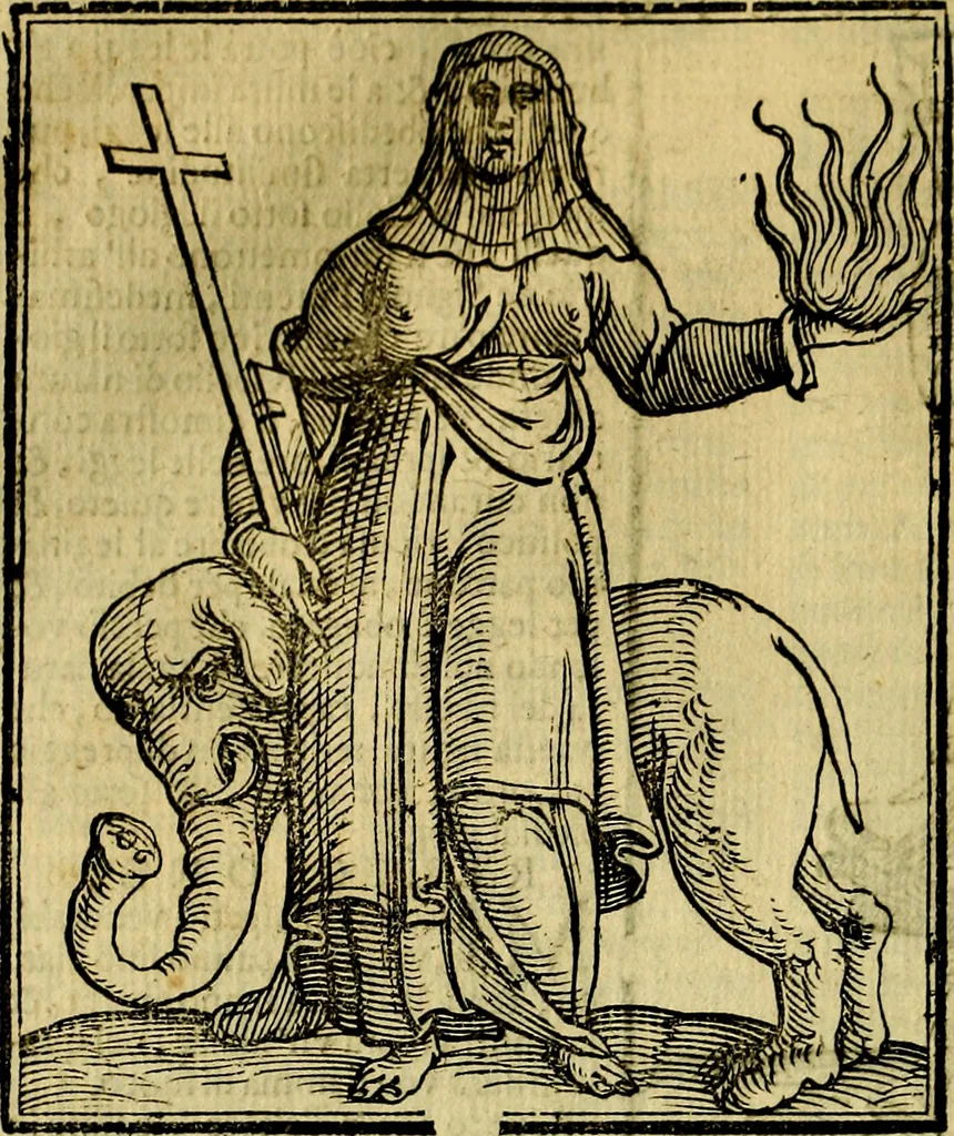 An illustration from Iconologia di Cesare Ripa ... Divisa in tre libri, ne i quali si esprimono varie imagini di virtù, vitij, affetti, passioni humane, arti, discipline, humori, elementi, corpi celesti, prouincie d'Italia, fiumi, & altre materie infinite vtili ad ogni stato di persone, 1669, leaf 585