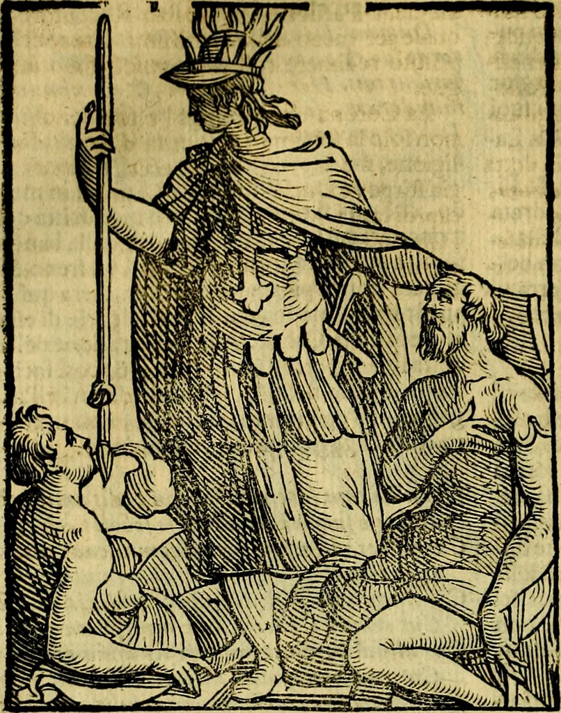 An illustration from Iconologia di Cesare Ripa ... Divisa in tre libri, ne i quali si esprimono varie imagini di virtù, vitij, affetti, passioni humane, arti, discipline, humori, elementi, corpi celesti, prouincie d'Italia, fiumi, & altre materie infinite vtili ad ogni stato di persone, 1669, leaf 587