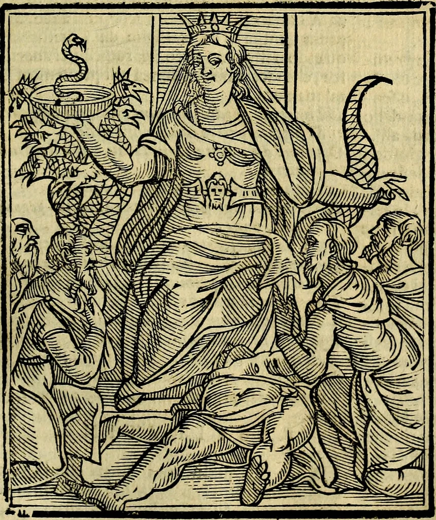 An illustration from Iconologia di Cesare Ripa ... Divisa in tre libri, ne i quali si esprimono varie imagini di virtù, vitij, affetti, passioni humane, arti, discipline, humori, elementi, corpi celesti, prouincie d'Italia, fiumi, & altre materie infinite vtili ad ogni stato di persone, 1669, leaf 590
