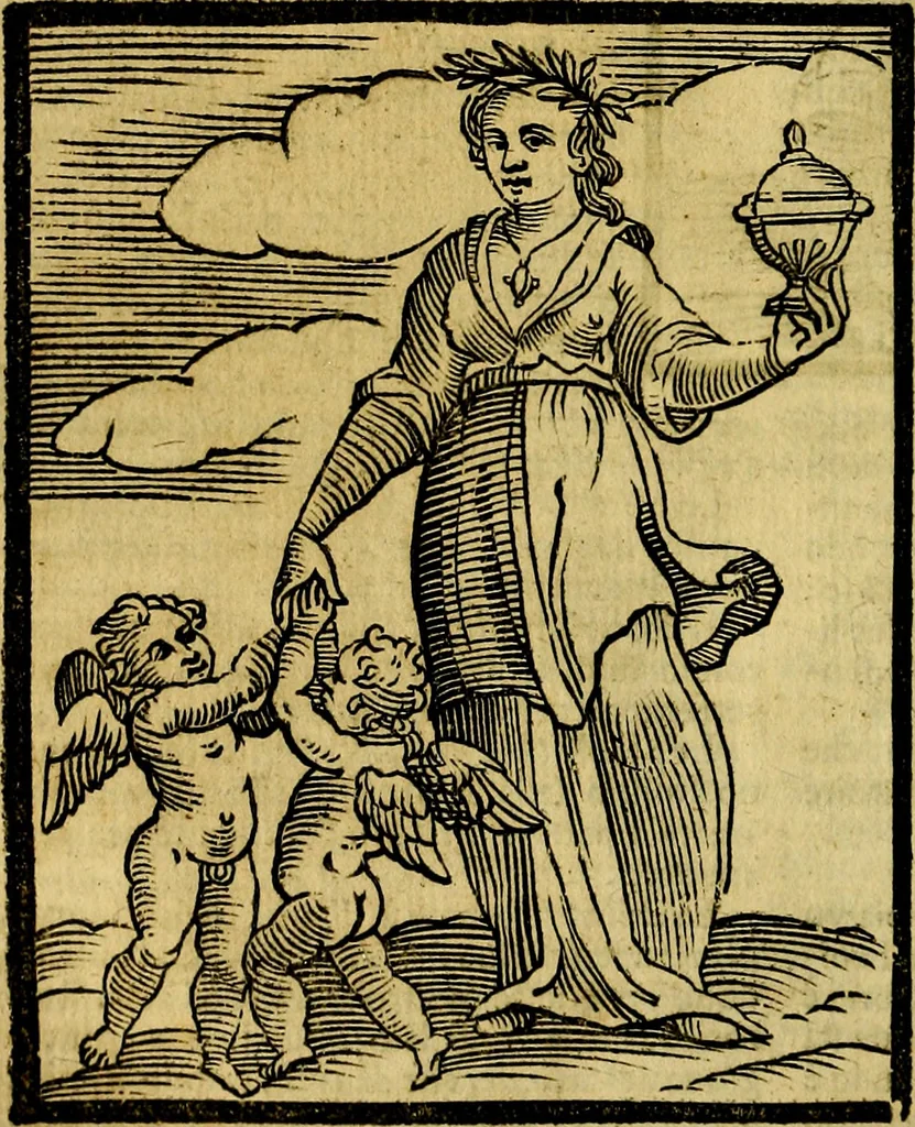 An illustration from Iconologia di Cesare Ripa ... Divisa in tre libri, ne i quali si esprimono varie imagini di virtù, vitij, affetti, passioni humane, arti, discipline, humori, elementi, corpi celesti, prouincie d'Italia, fiumi, & altre materie infinite vtili ad ogni stato di persone, 1669, leaf 593