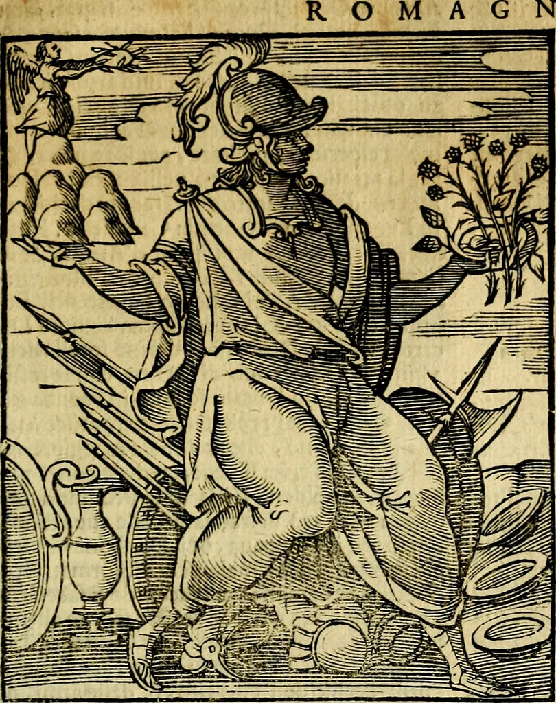 An illustration from Iconologia di Cesare Ripa ... Divisa in tre libri, ne i quali si esprimono varie imagini di virtù, vitij, affetti, passioni humane, arti, discipline, humori, elementi, corpi celesti, prouincie d'Italia, fiumi, & altre materie infinite vtili ad ogni stato di persone, 1669, leaf 598