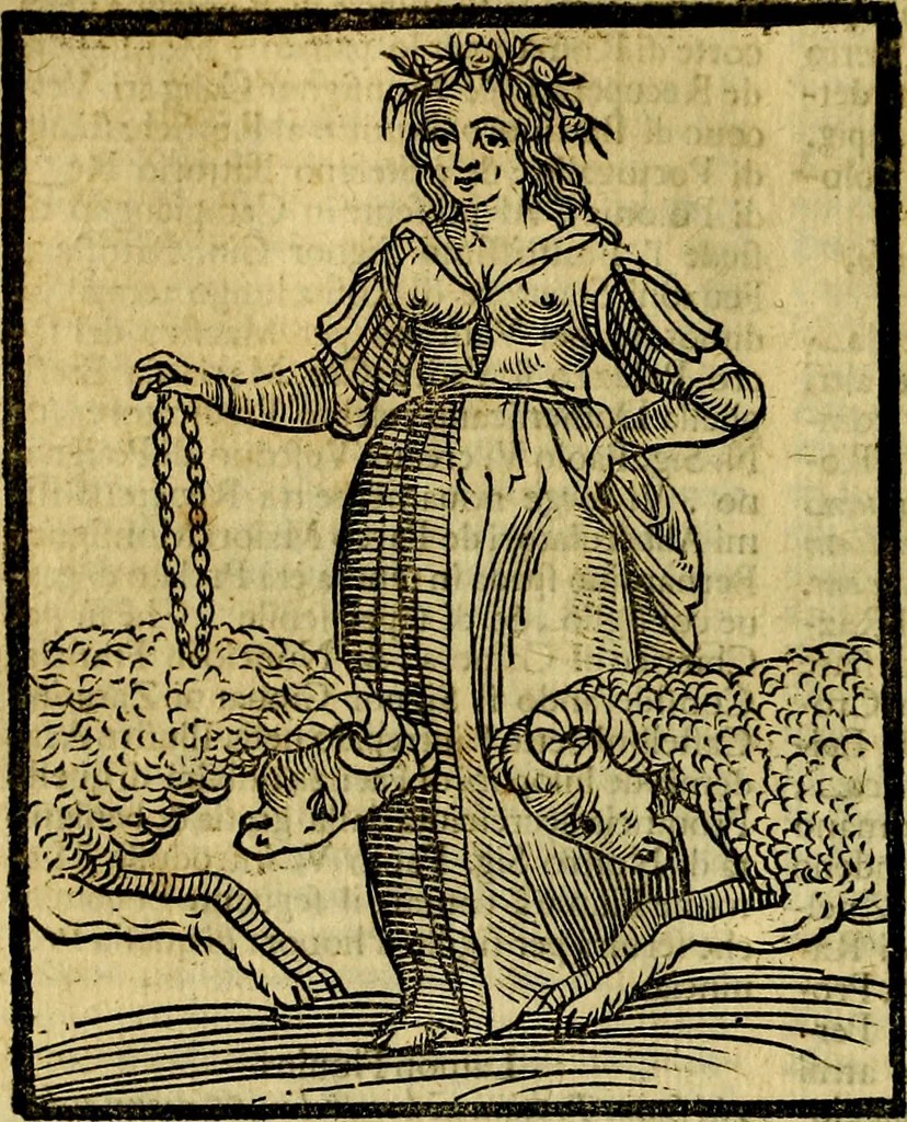An illustration from Iconologia di Cesare Ripa ... Divisa in tre libri, ne i quali si esprimono varie imagini di virtù, vitij, affetti, passioni humane, arti, discipline, humori, elementi, corpi celesti, prouincie d'Italia, fiumi, & altre materie infinite vtili ad ogni stato di persone, 1669, leaf 605