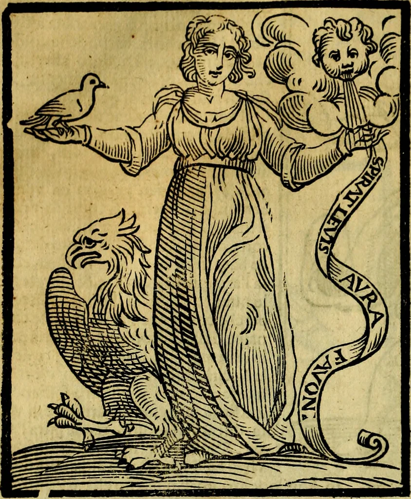 An illustration from Iconologia di Cesare Ripa ... Divisa in tre libri, ne i quali si esprimono varie imagini di virtù, vitij, affetti, passioni humane, arti, discipline, humori, elementi, corpi celesti, prouincie d'Italia, fiumi, & altre materie infinite vtili ad ogni stato di persone, 1669, leaf 607