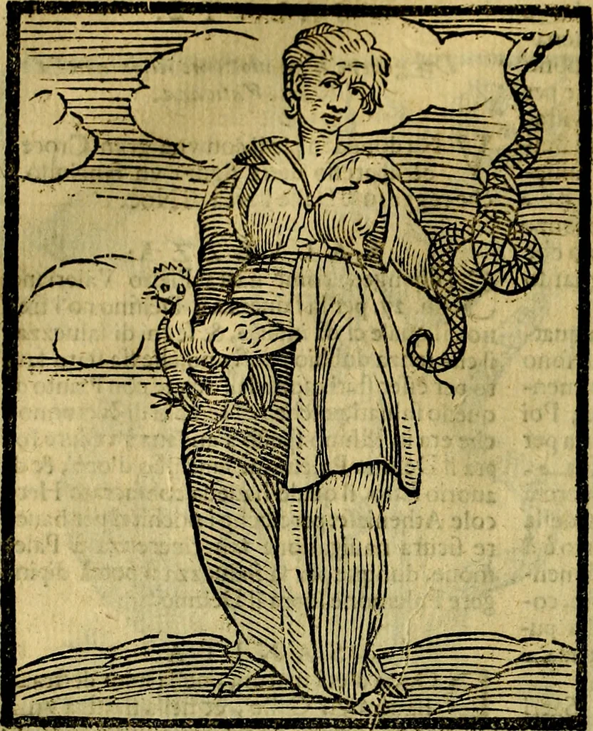 An illustration from Iconologia di Cesare Ripa ... Divisa in tre libri, ne i quali si esprimono varie imagini di virtù, vitij, affetti, passioni humane, arti, discipline, humori, elementi, corpi celesti, prouincie d'Italia, fiumi, & altre materie infinite vtili ad ogni stato di persone, 1669, leaf 609