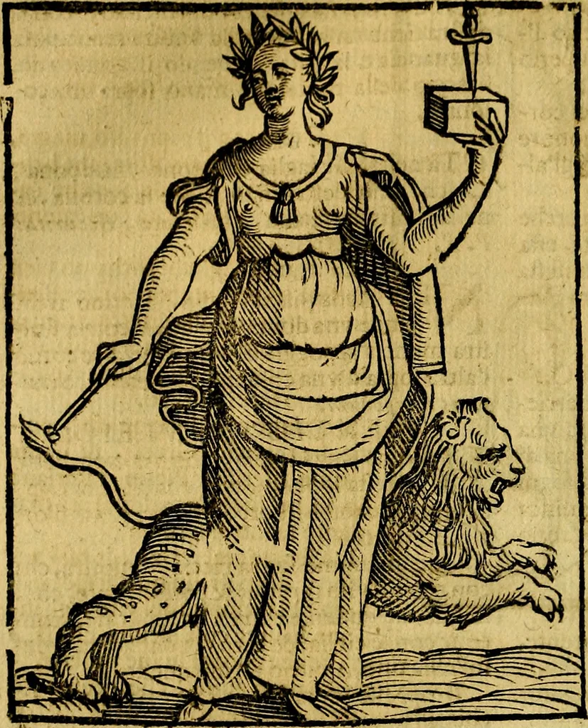 An illustration from Iconologia di Cesare Ripa ... Divisa in tre libri, ne i quali si esprimono varie imagini di virtù, vitij, affetti, passioni humane, arti, discipline, humori, elementi, corpi celesti, prouincie d'Italia, fiumi, & altre materie infinite vtili ad ogni stato di persone, 1669, leaf 633